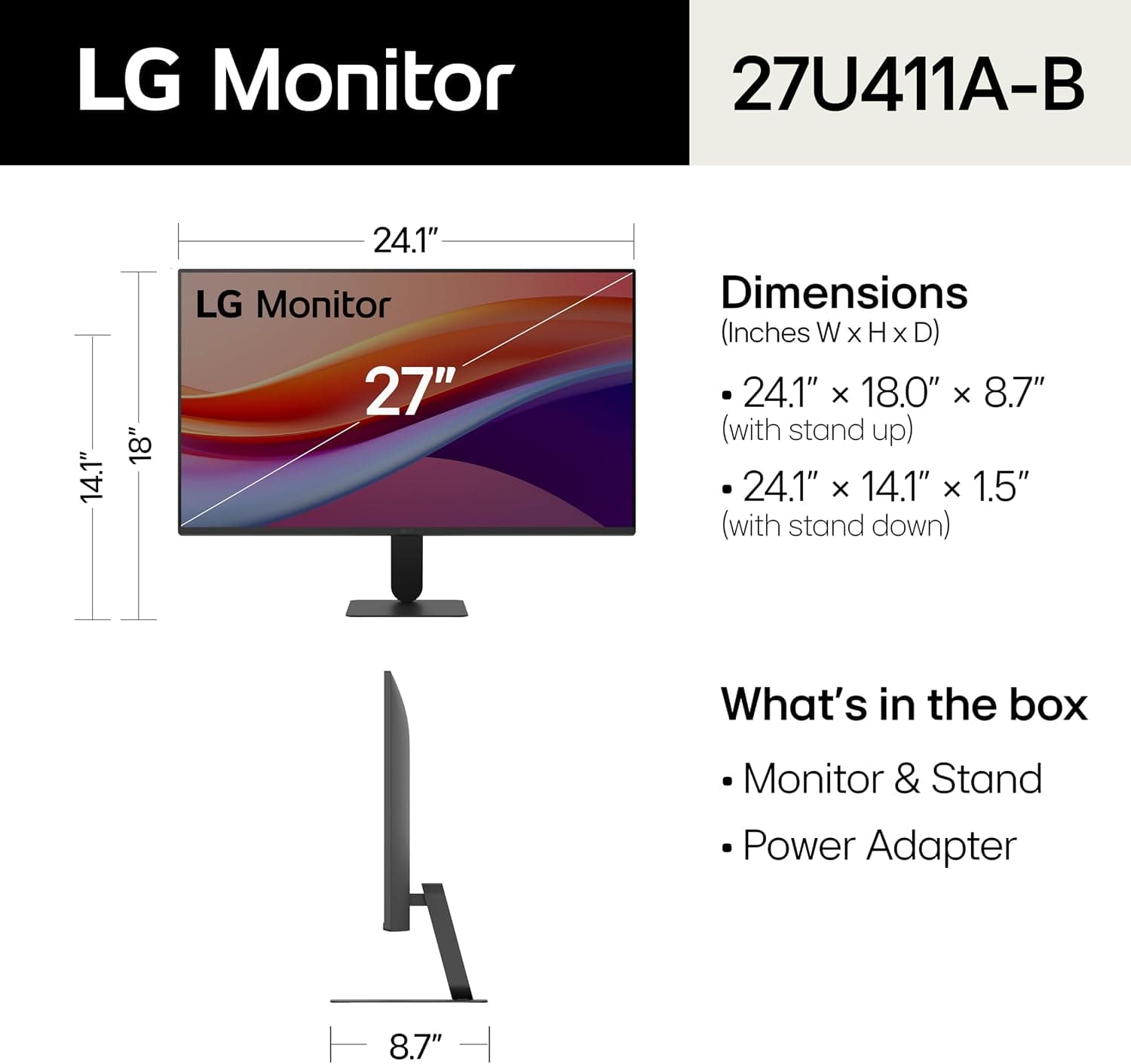 LED 27" LG 27U411A-B FULL HD 120HZ HDR10 MONITOR WITH SLIM STAND