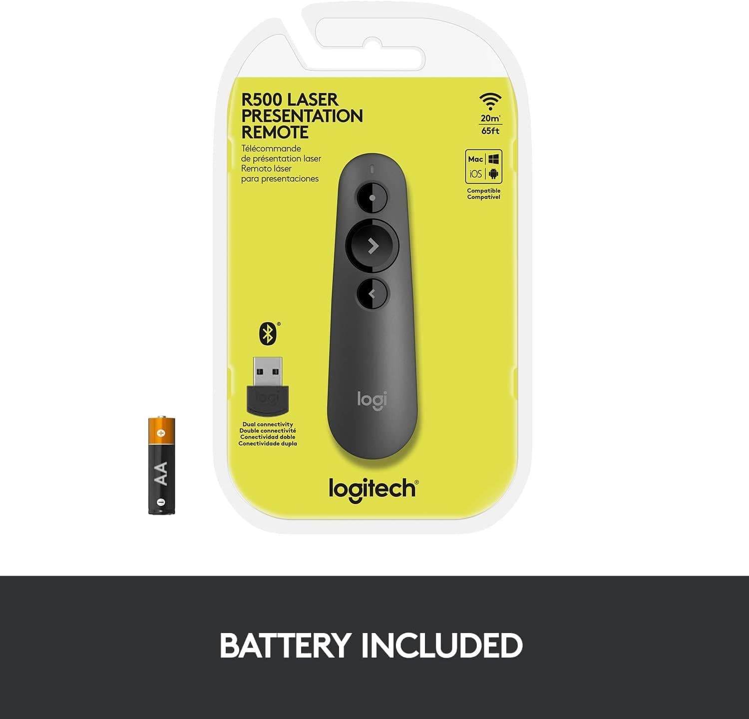 Logitech R500S (910-005843) – Wireless presentation clicker/presenter, laser pointer, slide-advance buttons, 2.4GHz USB receiver, long range for presentations